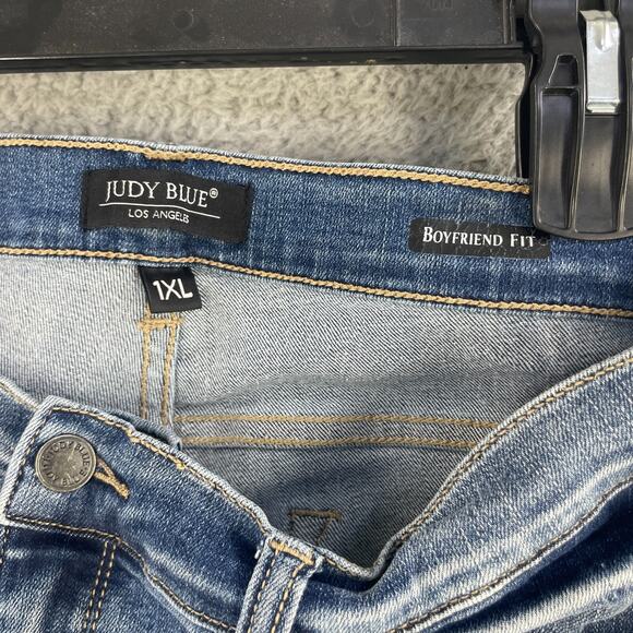 Judy Blue Jeans Womens Plus 1XL 38 x 27 Blue Distressed Boyfriend Denim Wisker - Picture 7 of 13